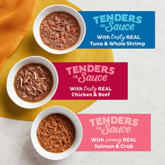 Meow Mix salmon and crab cup in sauce for flavor.