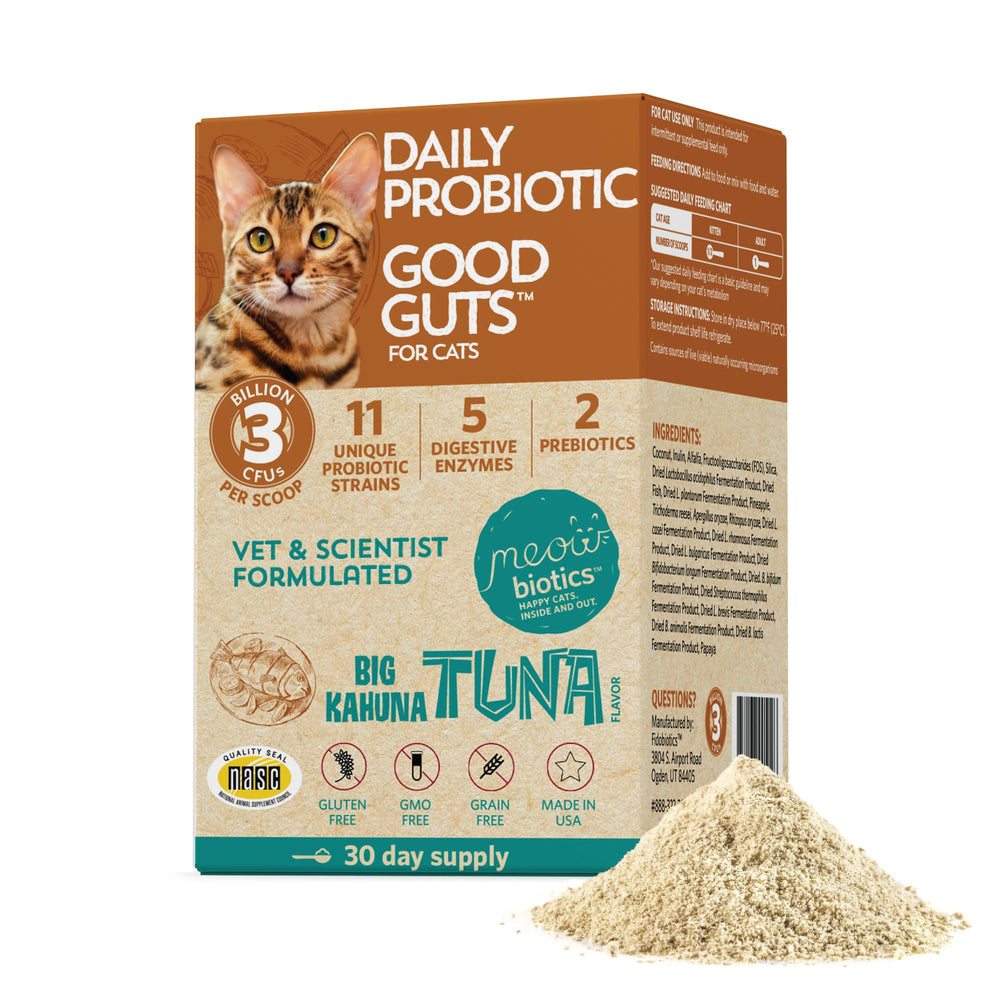 Meowbiotics Good Guts powder in tin front for daily supplementation.