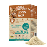 Meowbiotics Good Guts powder in tin front for daily supplementation.