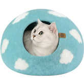 MEOWFIA Cat Cave nap blue top view shows cozy hideaway for indoor cats.