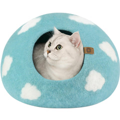 MEOWFIA Cat Cave nap blue top view shows cozy hideaway for indoor cats.