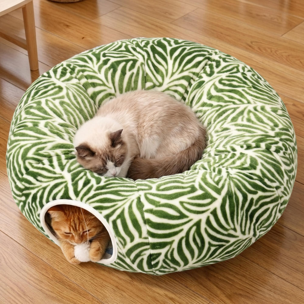 Meowfia indoor cat tunnel with donut bed in living room for shared lounging.