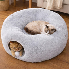 Meowfia indoor cat tunnel with grey donut bed provides a cozy lounge for multiple cats.