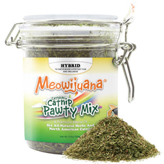 Meowijuana Catnibas Pawty Mix jar shows premium herb blend for playful indoor cats.