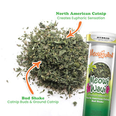 Meowijuana organic high-potency catnip leaves in a can for potent play sessions.