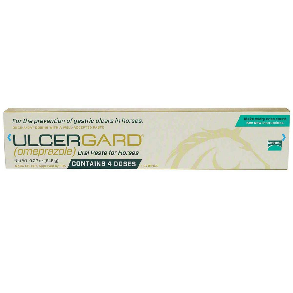 Merial Ulcergard omeprazole paste syringe six-pack packaging supports easy daily dosing for horse health