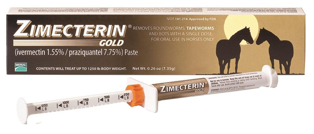 Merial Zimecterin Gold paste packaging demonstrating broad parasite control for horses.