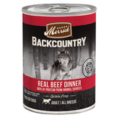 Merrick Backcountry beef dinner cans show real deboned beef for a protein-rich, grain-free meal.