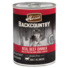 Merrick Backcountry beef dinner cans show real deboned beef for a protein-rich, grain-free meal.