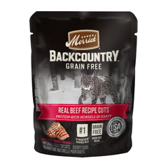 Merrick Backcountry beef-recipe-cuts-morsels-in-gravy-pouch, a savory moist meal for cats.
