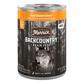 Merrick Backcountry grain-free real chicken dinner can front shows premium protein for daily meals.