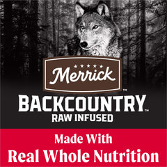 Merrick Backcountry bag back highlights gluten-free poultry-free recipe for sensitive dogs