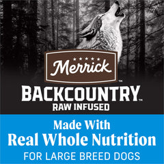 Merrick Backcountry large breed kibble close-up showing deboned chicken first ingredient.