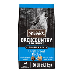 Merrick Backcountry large breed kibble with freeze-dried raw pieces in bag, ready to serve.