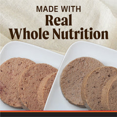 Merrick Backcountry real chicken dinner can close-up emphasizes grain-free nutrition.