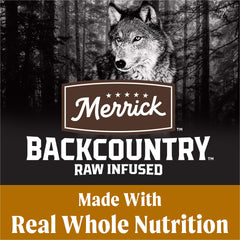 Merrick Backcountry real deboned lamb first ingredient highlights high-protein nutrition for energy.