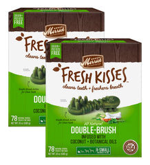 Merrick Fresh Kisses double-brush toy breed pack promotes cleaner teeth as dogs chew