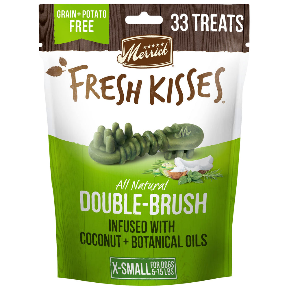 Merrick Fresh Kisses packaging front promotes fresh breath for tiny dogs