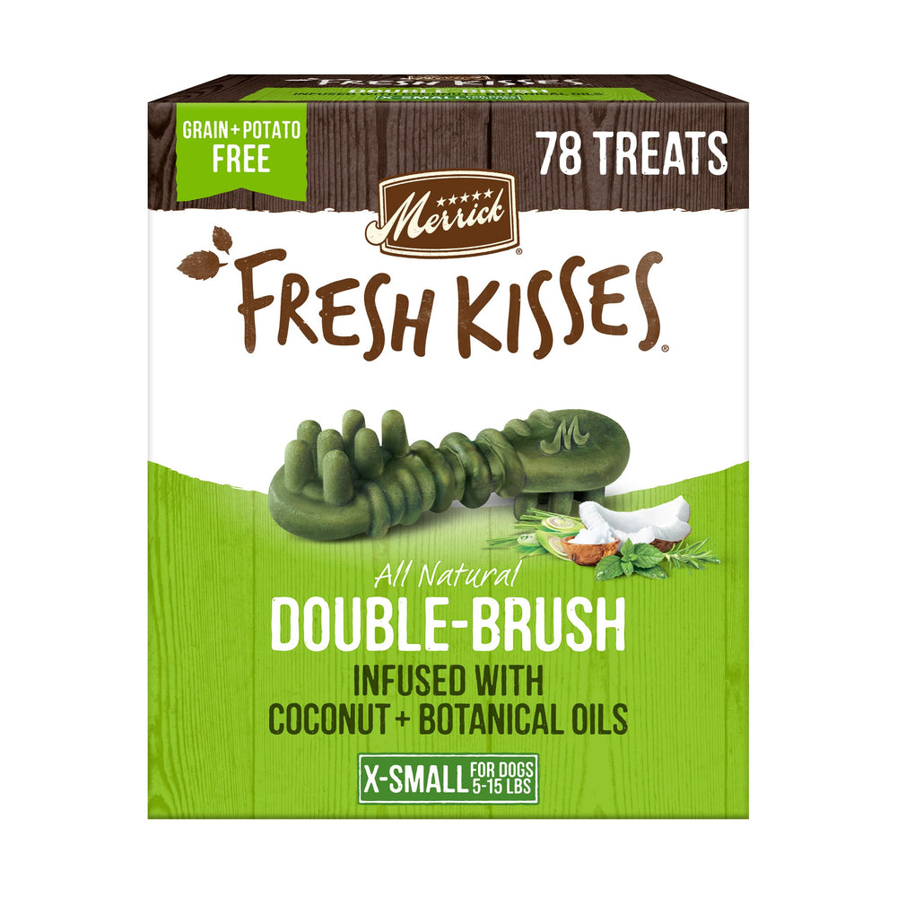 Merrick Fresh Kisses packaging shows small-dog dental chews for cleaner teeth.