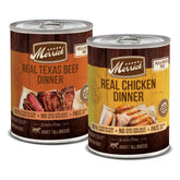 Merrick grain free beef dinner can showing real beef first ingredient.