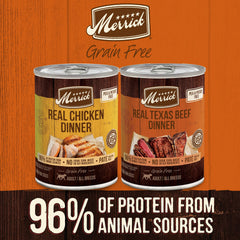 Merrick grain free chicken dinner can showing real chicken first ingredient.