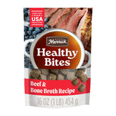 Merrick Healthy Bites beef deboned cubes in a resealable pouch for soft rewards.