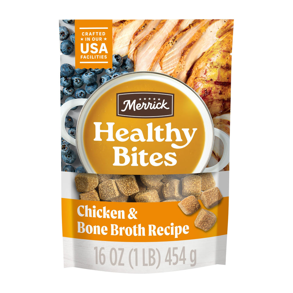 Merrick Healthy Bites soft chicken bone broth treats in a resealable pouch for convenient snacking