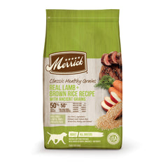 Merrick Healthy Grains bag close-up signaling premium nutrition for adult dogs.