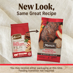 Merrick Healthy Grains kibble close-up, real beef first ingredient for flavorful nourishment.