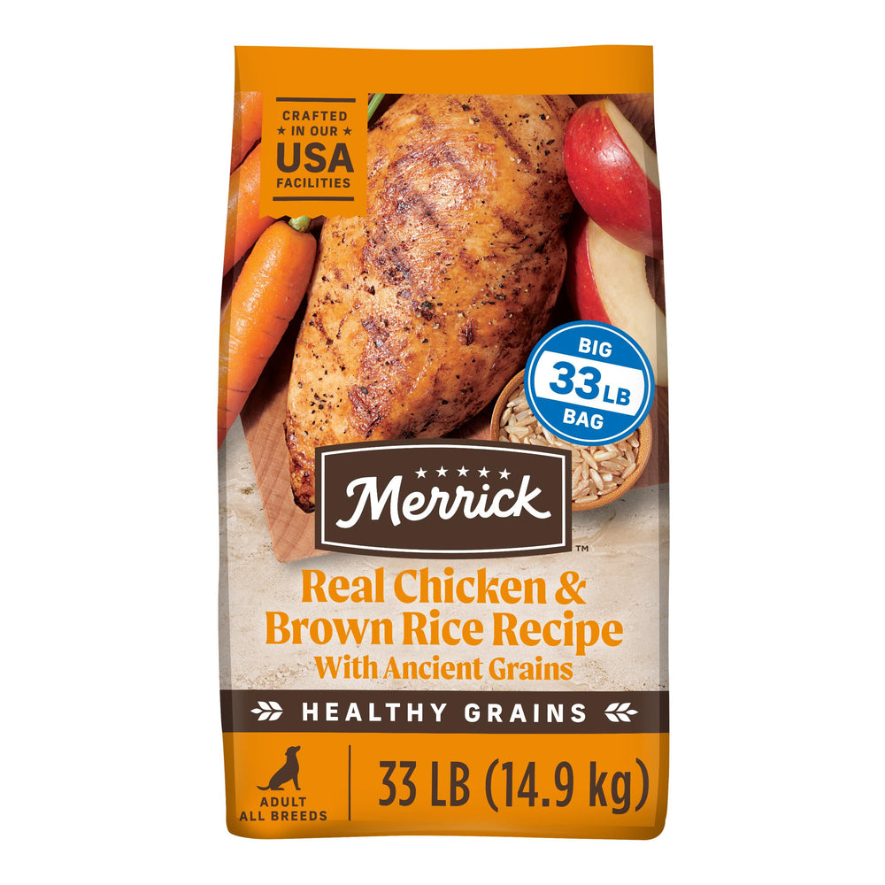 Merrick Healthy Grains bag front shows real deboned chicken as first ingredient.
