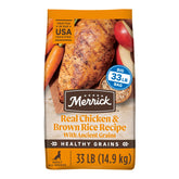 Merrick Healthy Grains bag front shows real deboned chicken as first ingredient.