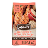 Merrick Healthy Grains dry dog food bag highlighting premium ingredients for energy