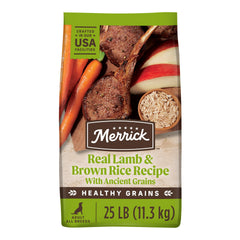 Merrick Healthy Grains bag front shows lamb and brown rice for lean protein on daily meals