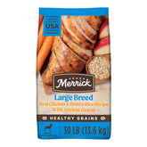 Merrick Healthy Grains Large Breed bag show chicken and brown rice kibble for energy and lean muscles