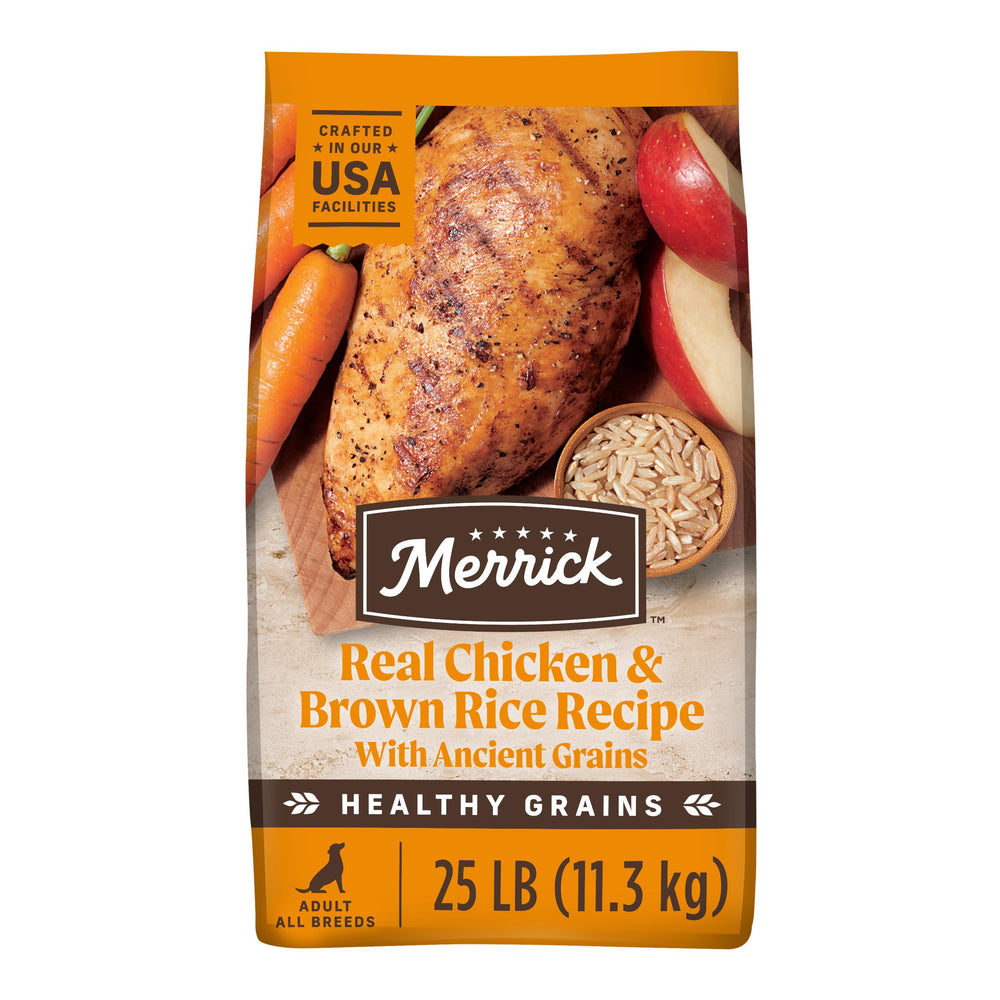 Merrick Healthy Grains close-up bowl showing real chicken and brown rice for steady energy.