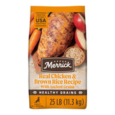 Merrick Healthy Grains close-up bowl showing real chicken and brown rice for steady energy.