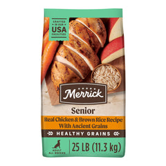 Merrick Healthy Grains Senior kibble in bowl for easier digestion.