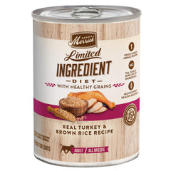 Merrick Healthy Grains wet dog food can shows turkey and brown rice for digestion support