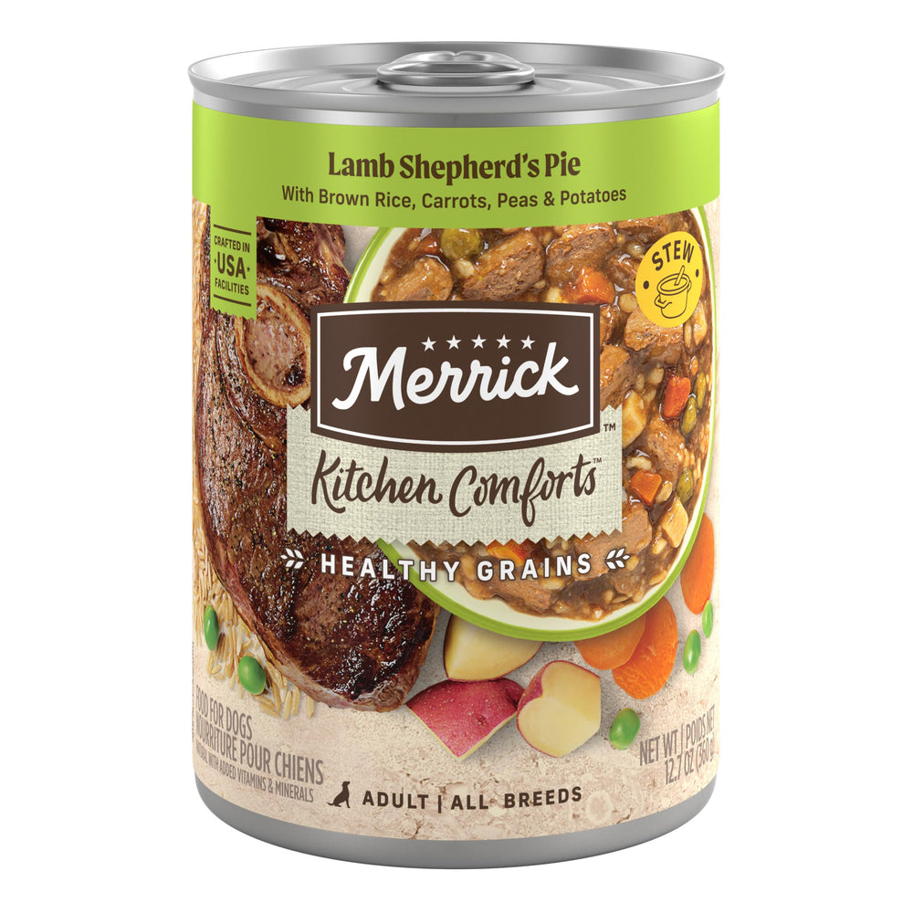 Merrick Kitchen Comforts Shepherd’s Pie lamb-can label highlights real lamb as first ingredient for tastier meals.