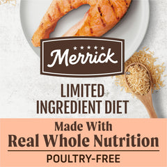 Grain-free Merrick ingredients list avoiding corn, wheat, and soy.