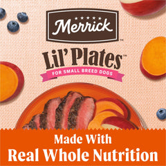 Merrick Lil’ Plates grain-free label highlighting no corn, wheat, or soy