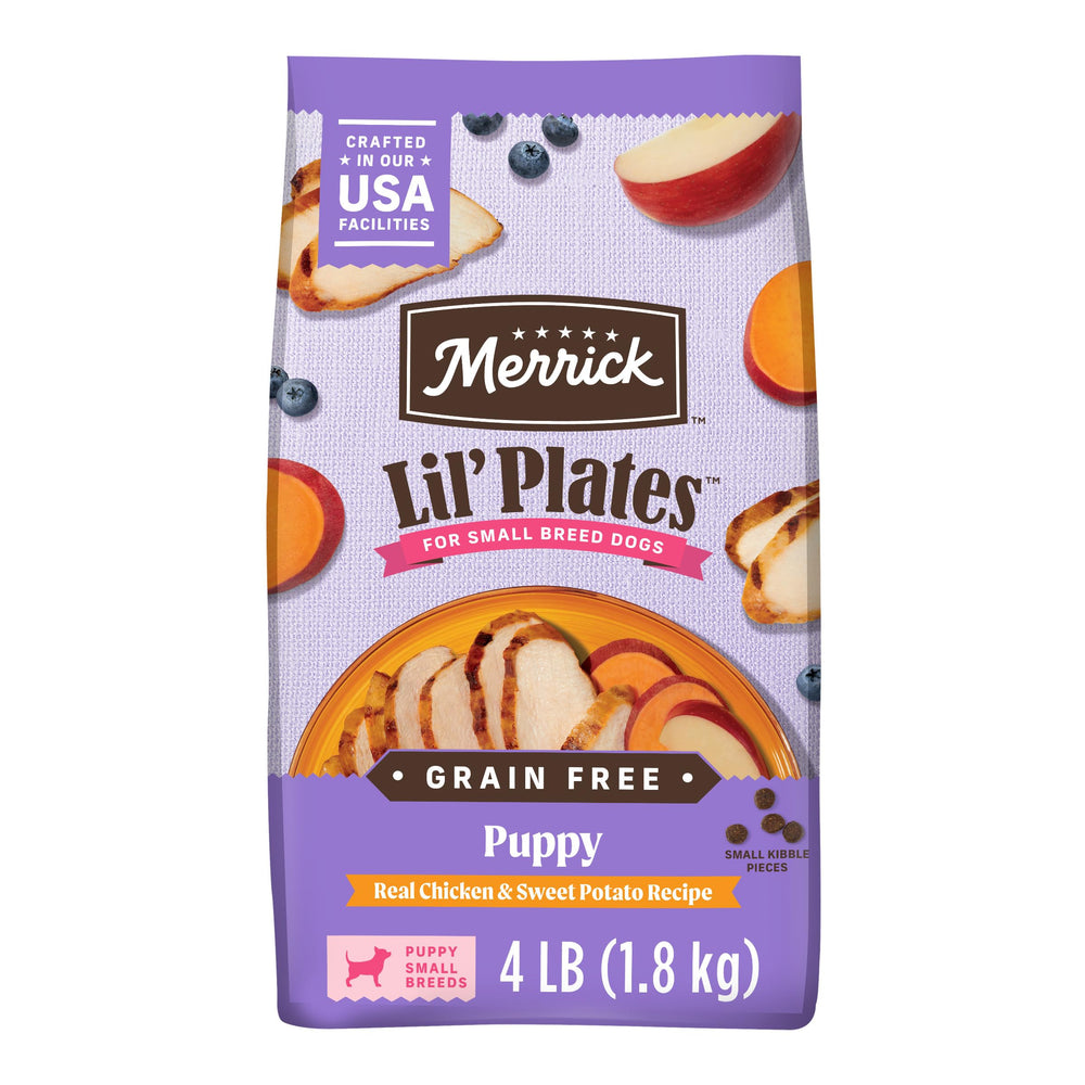 Merrick Lil’ Plates puppy food bag front, grain-free real chicken and sweet potato