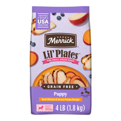 Merrick Lil’ Plates puppy food bag front, grain-free real chicken and sweet potato