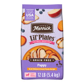 Merrick Lilβ Plates small-breed puppy kibble in a bowl supports gentle chewing.