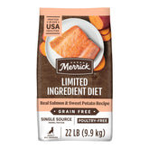 Merrick Limited Ingredient Diet salmon and sweet potato bag shown for sensitive dogs.