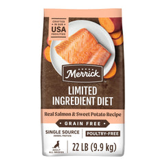 Merrick Limited Ingredient Diet salmon and sweet potato bag shown for sensitive dogs.