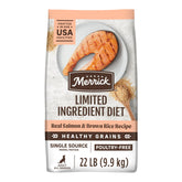 Merrick Limited Ingredient Diet with salmon first ingredient supports sensitive stomachs.