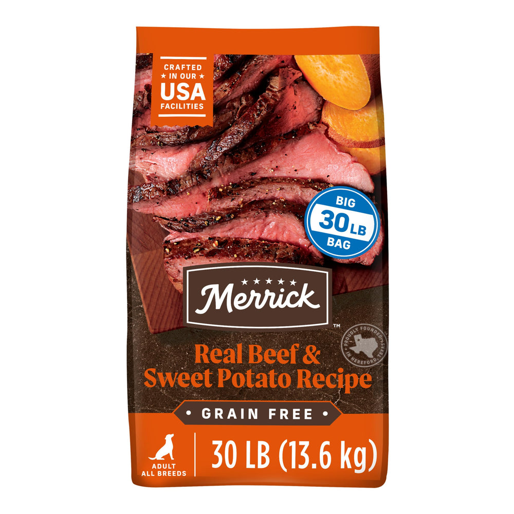 Merrick Premium grain-free beef kibble close-up for lean energy.
