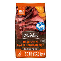 Merrick Premium grain-free beef kibble close-up for lean energy.