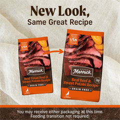 Merrick dog food close-up of deboned beef pieces among kibble